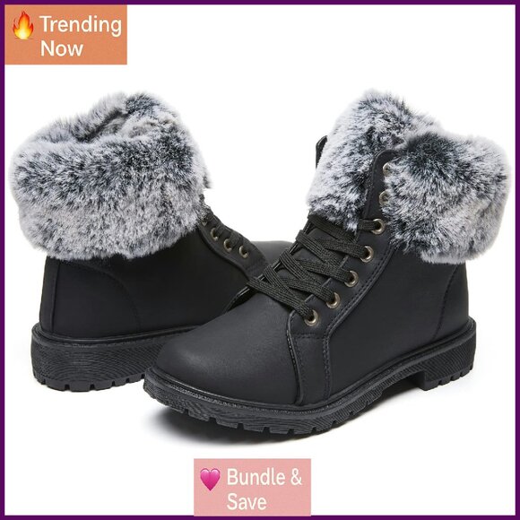 Women's PU Winter Ankle Boots Fur Lined Anti-Slip Combat Boots